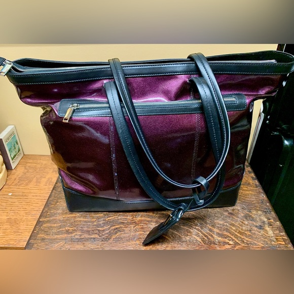 LODIS Black Leather Purple Aluminum Flash Laptop Tote Overnight Handbag Purse - Picture 14 of 16